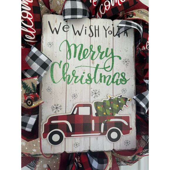 Rustic Christmas Wreath Buffalo Plaid and Vintage Truck Holiday Farmhouse Décor - Picture 5 of 8